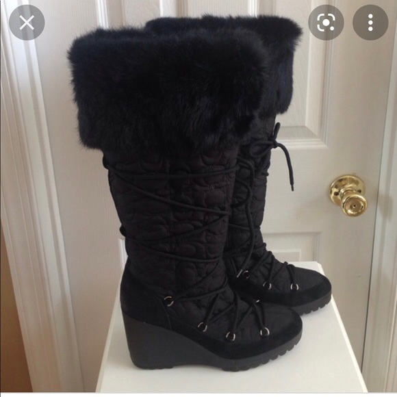 COACH SOFIE Rabbit Fur Trim Monogram, Knee High Platform Snow Boots, Black, Sz 8 - Picture 2 of 8